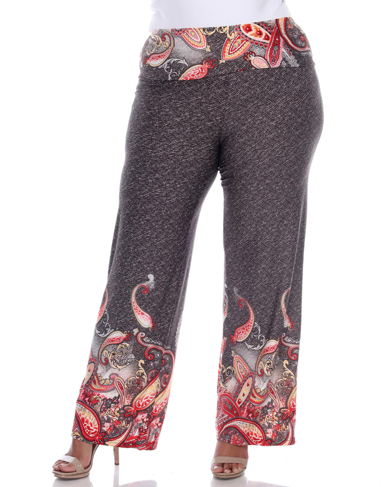 Front of a model wearing a size 1X Printed Palazzo Pants in Red Grey by White Mark. | dia_product_style_image_id:246510